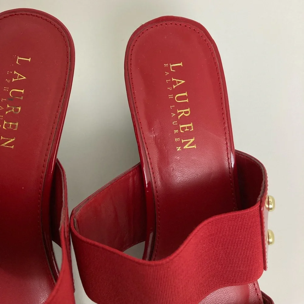 *Lauren Ralph Lauren Rihanna Red Patent Leather Platform Wedge Slip on Sandal#SR